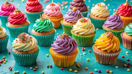 A Symphony of Colors Colorful Cupcakes on a Turquoise Background, cupcake, frosting, sprinkles, dessert ,