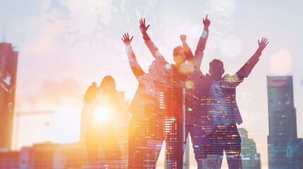 Team of coworker celebrate for business success with city skyscrapers in background. Double exposure