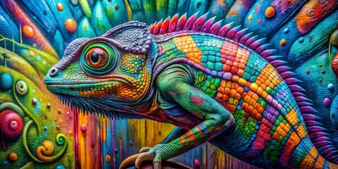 Naklejka premium A Vivid Chameleon with Scales of Rainbow Hues, Digital Art, Chameleon Portrait, Vibrant Colors, Animal Art, chameleon, art