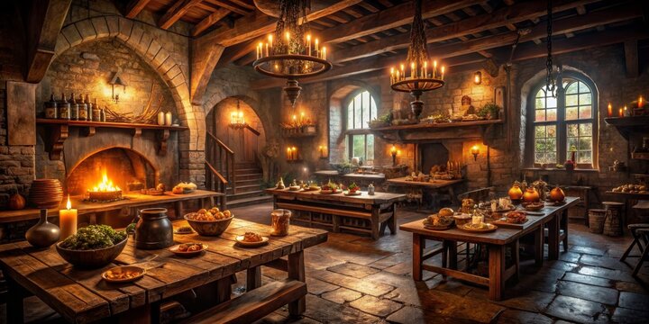 A Warm Glow Illuminates a Rustic Medieval Kitchen, Stone Walls, Wooden Beams, Fireplace, and Candlelight, Medieval Kitchen, Stone Walls