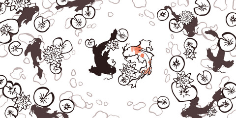 Koi carp Black and White art. Vector illustartion of fish in japanese style. The image of the yin yang symbol in the form of Fish. The religious idea of feng shui. For wallpapers