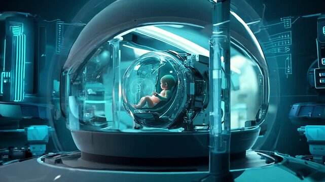 Pushing towards a baby in glass bubble of an artificial womb in a birthing facility of the future. 