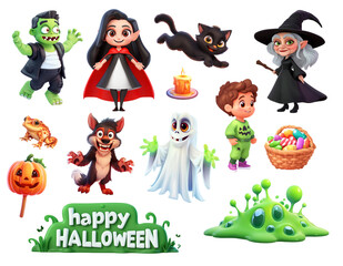 Fototapeta premium A collection of Halloween themed cartoon characters and objects isolated on white or transparent background, png clipart, design element. Easy to place on any other background.