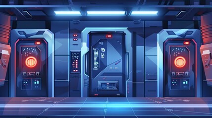 Cartoon spaceship futuristic gates. Closed and open alien cosmic ship doors, spacecraft control room gateway flat illustration set. Futuristic doorway