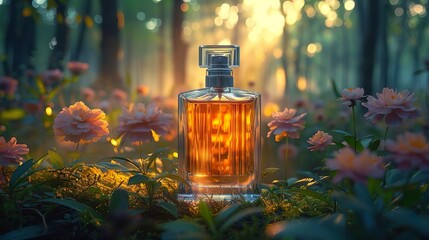 Product photography: A minimalist, crystalline, feminine perfume bottle in the forest with cinematic lights. visual sensation of well-being draws the attention of those who look at the image. AImage w