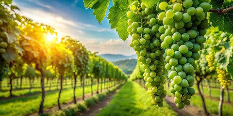Naklejka premium Green Grapes Hanging in Vineyard at Sunset, vineyard, grapes, wine, harvest