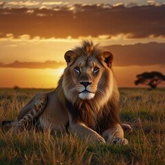 A majestic lion lounging on a grassy savanna at sunset, surrounded by the golden hues of the setting sun and the vast expanse of the African plains