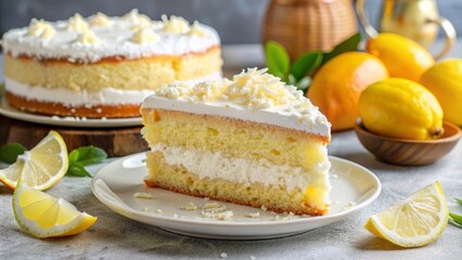 Lemon Cake with White Chocolate Frosting, close up, white plate, sweet treat, lemon cake, white chocolate frosting, dessert