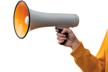 Female Hand holding megaphone PNG isolated on white and transparent background - Sound Amplify Shouting Communication Big Announcement Protest or Rally Concept