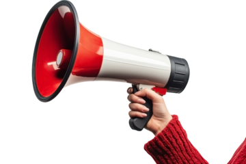 Female Hand holding megaphone PNG isolated on white and transparent background - Sound Amplify Shouting Communication Big Announcement Protest or Rally Concept