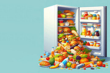 The refrigerator is overflowing with food. Space for text.