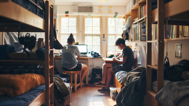 Two college students studying in a cozy, sunlit dorm room with bunk beds and ample bookshelves, creating an atmosphere of focus and tranquility.