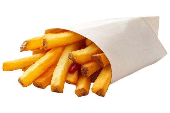 Close up to Crispy French Fries in a Bag PNG Crunchy Fries isolated on white and transparent background - Tasty Deep-fried Potato Snack Street food