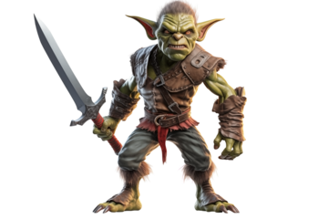 Full Body Goblin PNG isolated Sneaky Green Monster with sword on white and transparent background - Fantasy Mythical Creature Adventure Dungeon game Assets