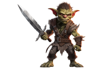 Full Body Goblin PNG isolated Sneaky Green Monster with sword on white and transparent background - Fantasy Mythical Creature Adventure Dungeon game Assets