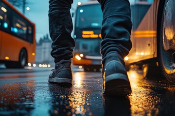 Shot from behind, a person walks towards an orange bus on a wet street in an urban setting, capturing the mood of a rainy day commute in the city.