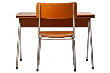 Bck View of a Classroom Wooden Desk and Chair PNG isolated on white and transparent background - School Furniture Education Workspace Study environment Back to school concept