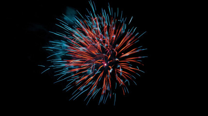 A vibrant display of red and blue fireworks exploding against a pitch-black night sky, creating a spectacular burst of colors and light.