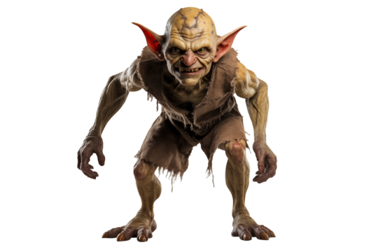 Full Body Goblin PNG isolated Sneaky Green Monster on white and transparent background - Fantasy Mythical Creature Adventure Dungeon game Assets