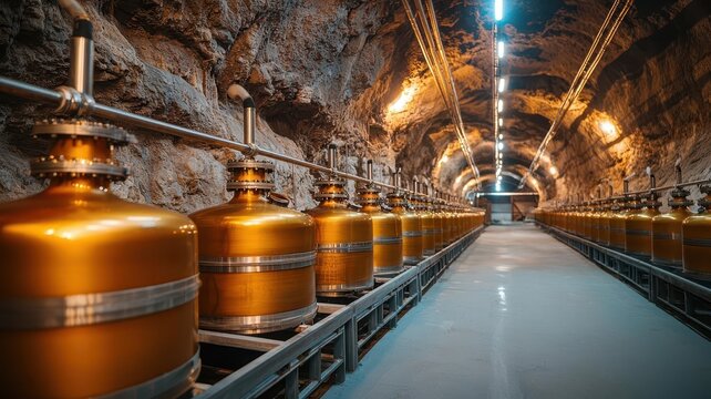 Illegal distillery operating in a remote underground cave, producing forbidden liquors