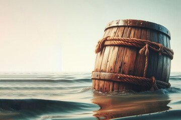 Fototapeta premium A wooden barrel floating in the sea. Space for text.