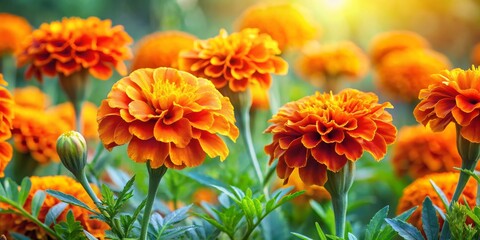 Obraz premium Marigolds in Sunlight Vibrant Orange Petals and Green Foliage, Flowers, Nature, Summer, Garden