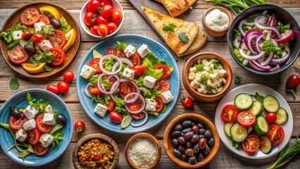 Fototapeta premium Mediterranean Salad Feast A Vibrant Composition of Fresh Ingredients, Greek Salad, Feta Cheese, Tomatoes, Cucumbers and Red Onion, Greek, Mediterranean