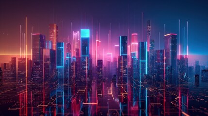 An abstract city skyline, composed of intersecting neon lines against a midnight backdrop