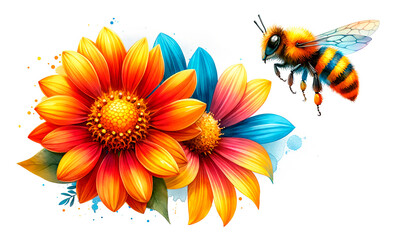 Vibrant illustration of a bee on colorful flowers with watercolor splashes on a white background. Perfect for use in environmental campaigns, gardening businesses, nature conservation projects
