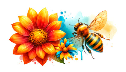 Vibrant illustration of a bee on colorful flowers with watercolor splashes on a white background. Perfect for use in environmental campaigns, gardening businesses, nature conservation projects