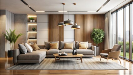 Fototapeta premium Modern Living Room Interior Design with Grey Sectional Sofa, Wooden Accents, and City View, living room, interior design, modern, city view