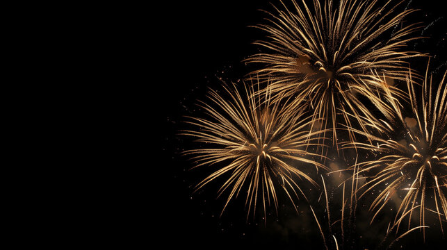 Golden fireworks explode against the dark night sky, creating dazzling patterns of light and sparks.