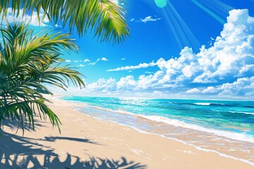 Obraz premium Summer's Sizzling Serenade: A High-Definition Hand-Drawn Illustration of Sun-Kissed Beach Bliss, Celebrating the Season's Heat with Vivid Colors and Warm Sands in Anime Style.