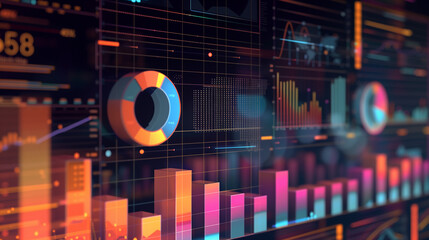 Colorful digital data visualization with various graphs and charts displaying statistical information and trends on a high-tech interface, representing modern analytics and technology.