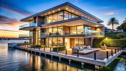 Obraz premium Modern Waterfront Villa at Sunset, Water, Architecture, Design, Luxury