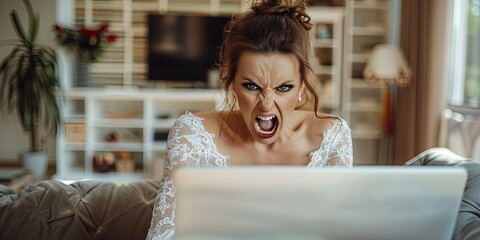 angry bride using laptop, living room background, copy space
