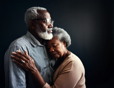 An old couple embracing looking sad