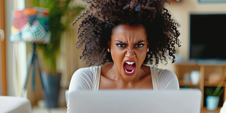 angry bride using laptop, living room background, copy space