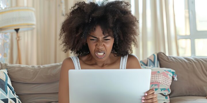 angry bride using laptop, living room background, copy space