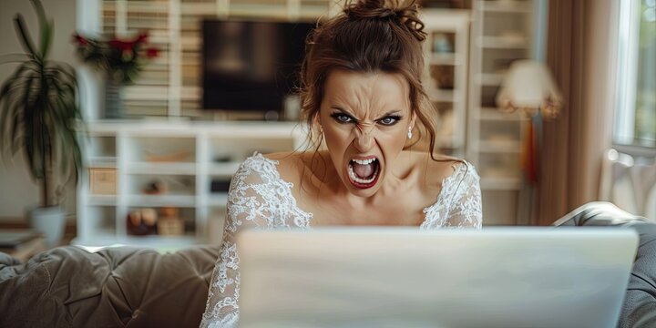 angry bride using laptop, living room background, copy space