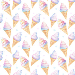 Seamless pattern with sweet and tasty ice cream, drawn in soft pastel colors in watercolor style.