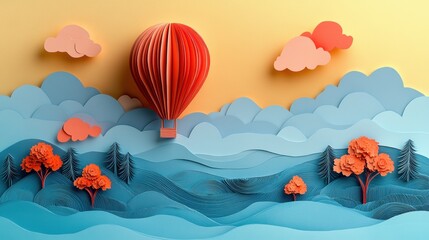 Colorful Paper Art Cutout Hot Air Balloon Landscape