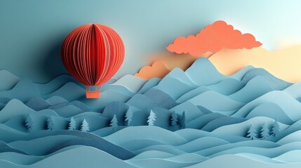 Colorful Paper Art Cutout Hot Air Balloon Landscape