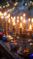 wide background cover of celebrating menorahs with decorative candles lit and Hanukkah decorations on a table