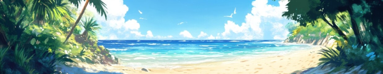 Fototapeta premium Summer's Sizzling Serenade: A High-Definition Hand-Drawn Illustration of Sun-Kissed Beach Bliss, Celebrating the Season's Heat with Vivid Colors and Warm Sands in Anime Style.