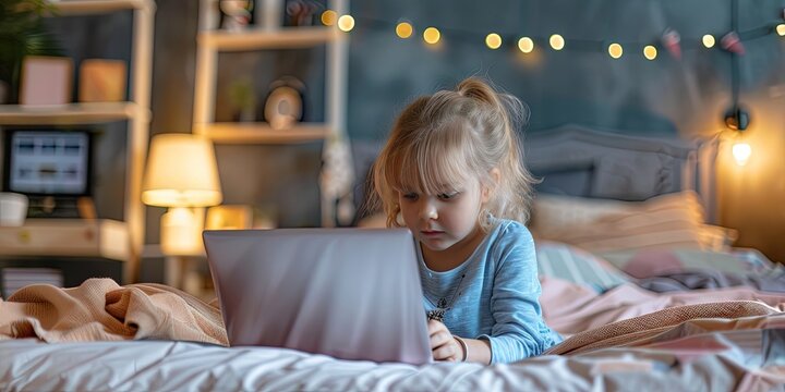 concentrating child using laptop, bedroom background, copy space 