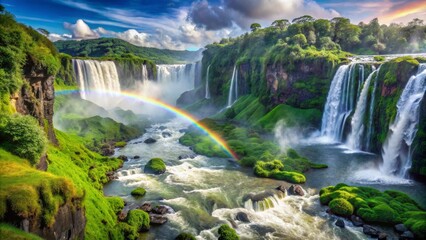 Fototapeta premium Rainbow Over Lush Waterfall, Waterfalls, Rainbow, Landscape, Nature