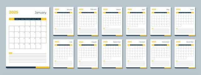 2025 calendar template. Corporate and business planner diary. The week starts on Sunday. Set of 12 months pages.