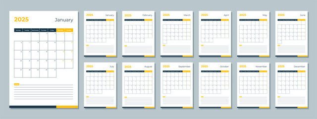 2025 calendar template. Corporate and business planner diary. The week starts on Monday. Set of 12 months pages.