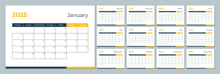 2025 calendar template. Corporate and business planner diary. The week starts on Monday. Set of 12 months pages.